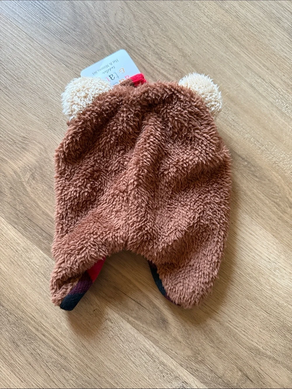 Cute Brown Bear Plush Earflap Hat with Red Plaid Lining & matching mittens